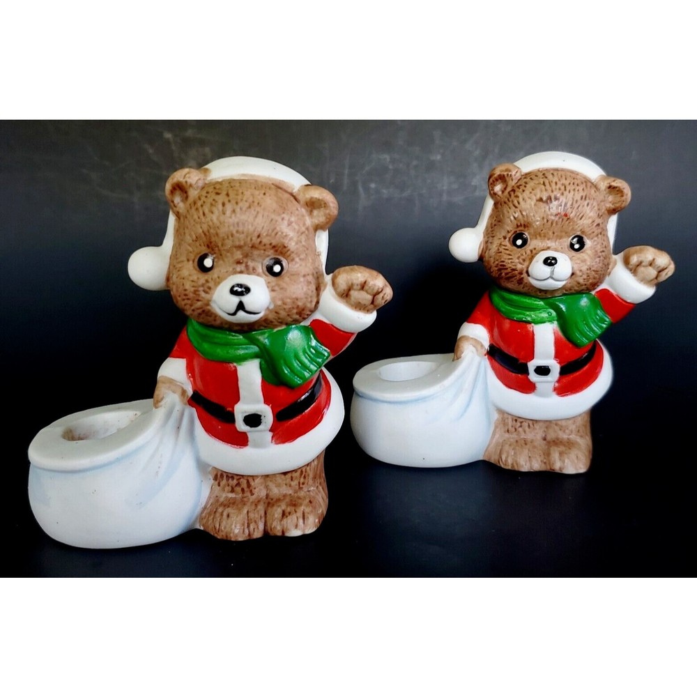 JSNY Holiday Friends Teddy Bear Santa Christmas Candle Stick Holders Vtg Taiwan